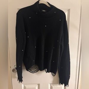 Distressed Black Sweater with Diamond Accents